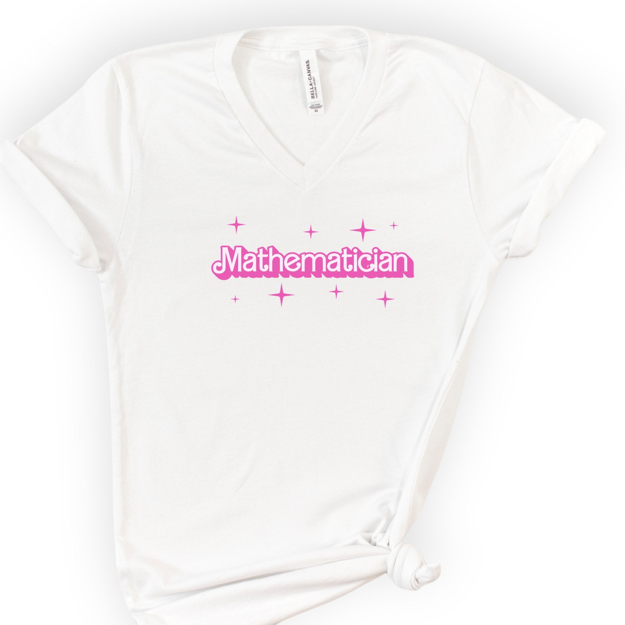 Mathematician Pink Doll — Retro Script v-neck t-shirt — White
