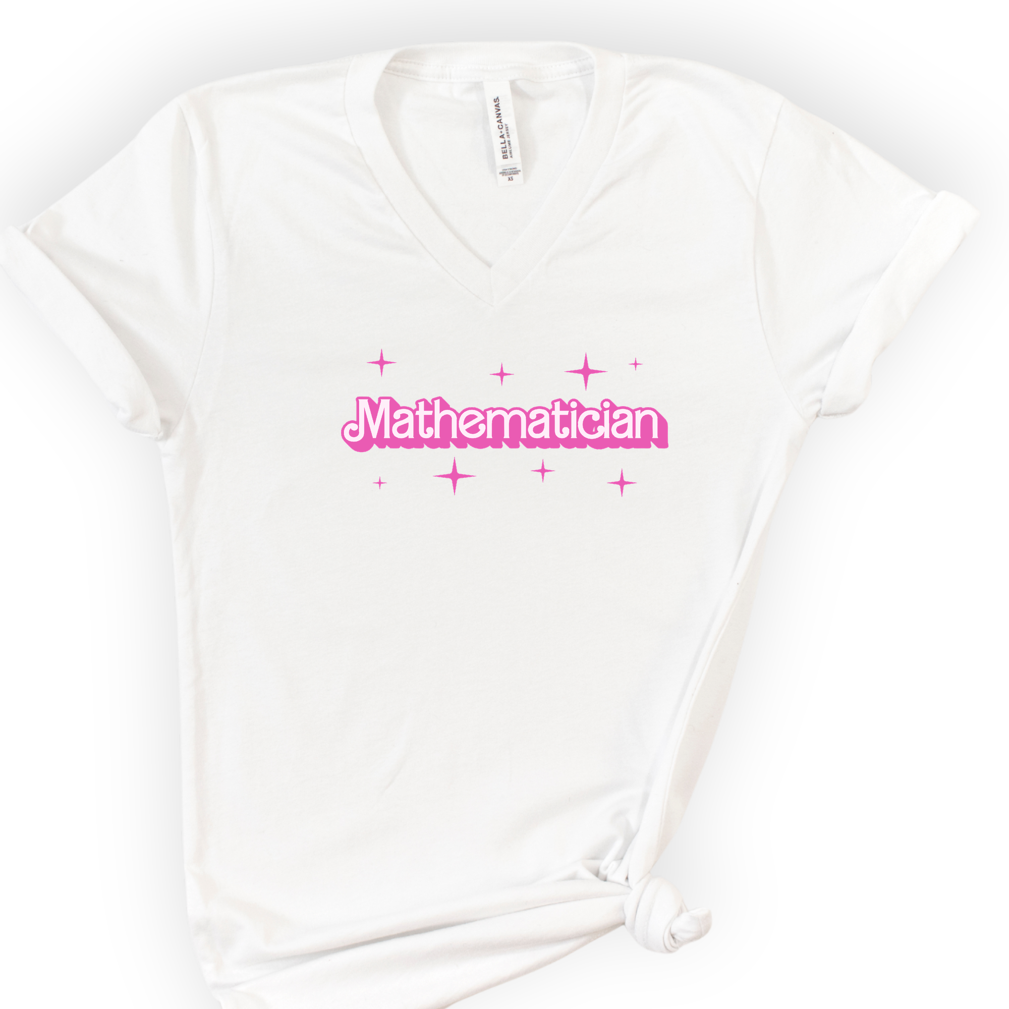 Mathematician Pink Doll — Retro Script v-neck t-shirt — White