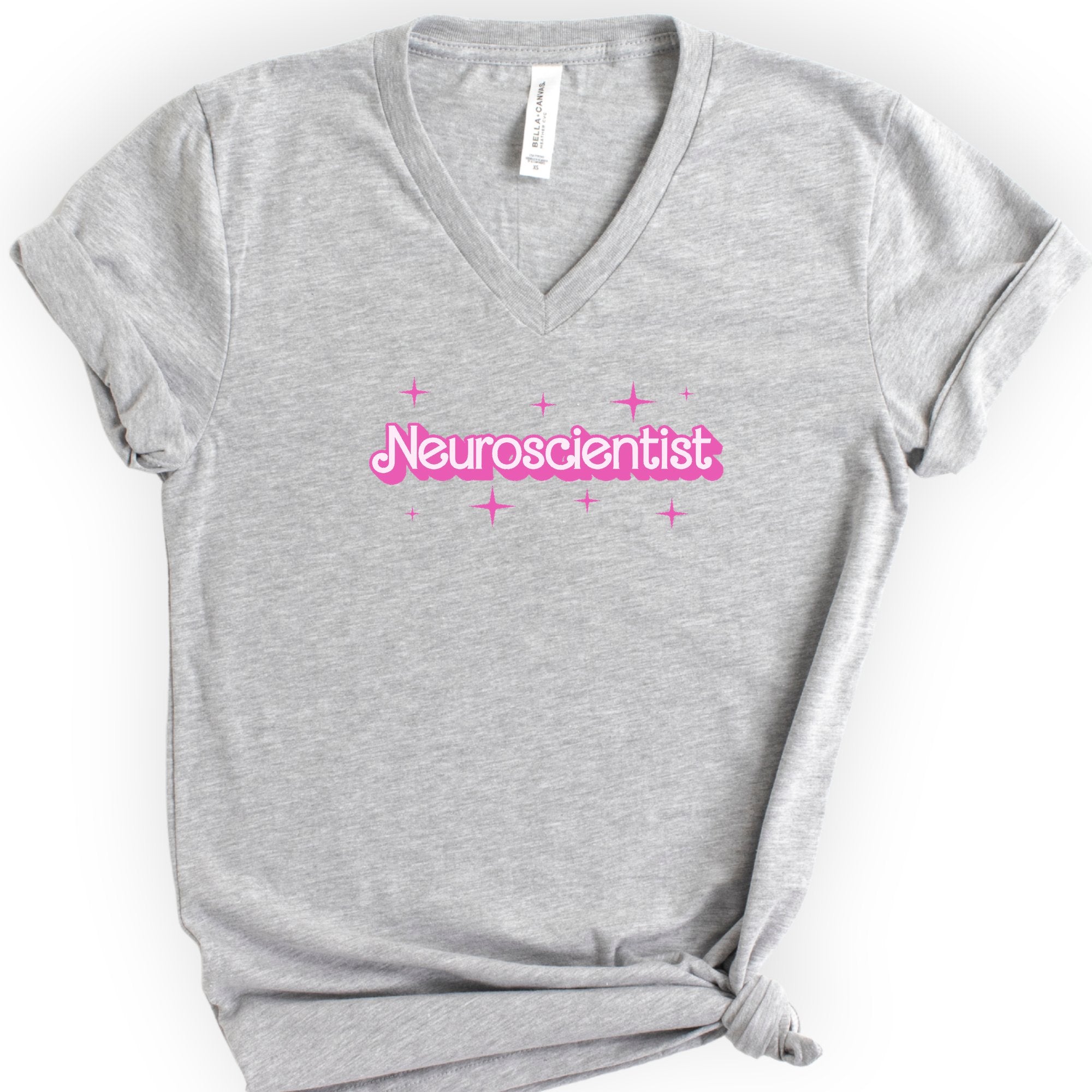 Neuroscientist Pink Doll — Retro Script v-neck t-shirt — Athletic Heather