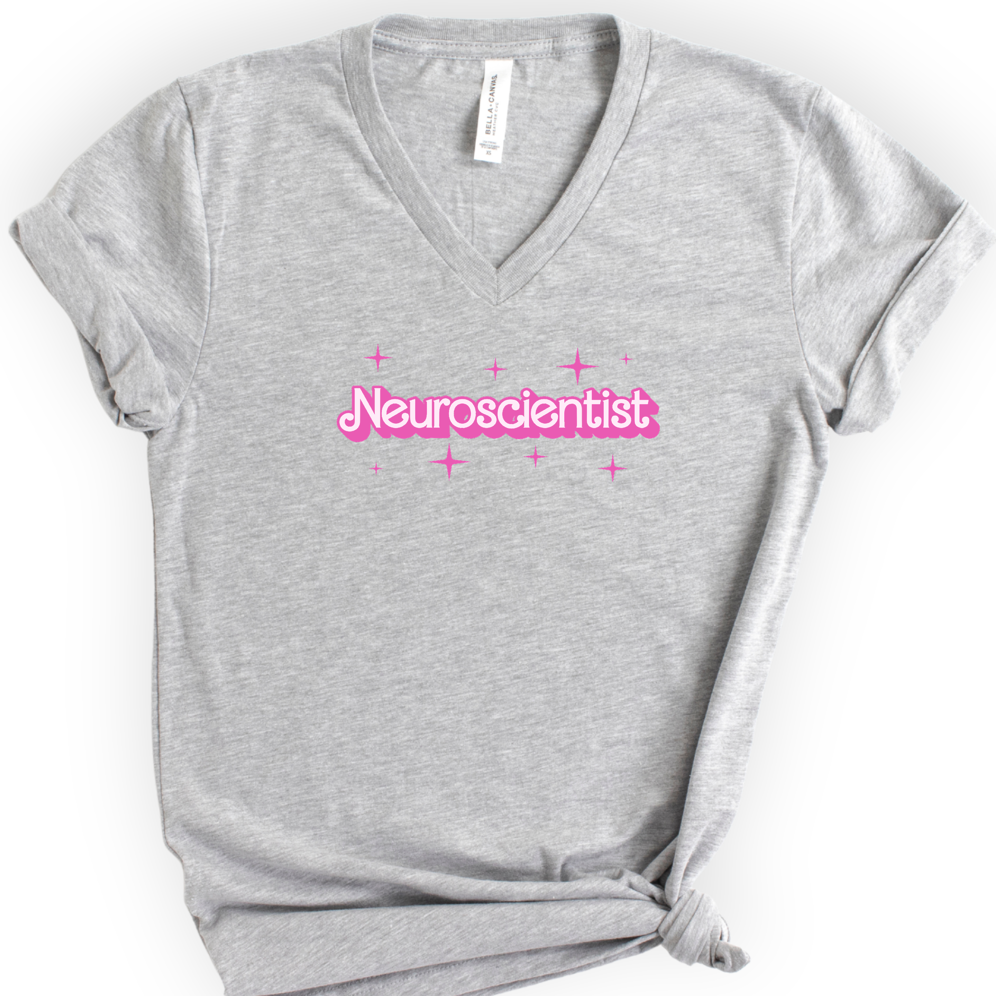 Neuroscientist Pink Doll — Retro Script v-neck t-shirt — Athletic Heather