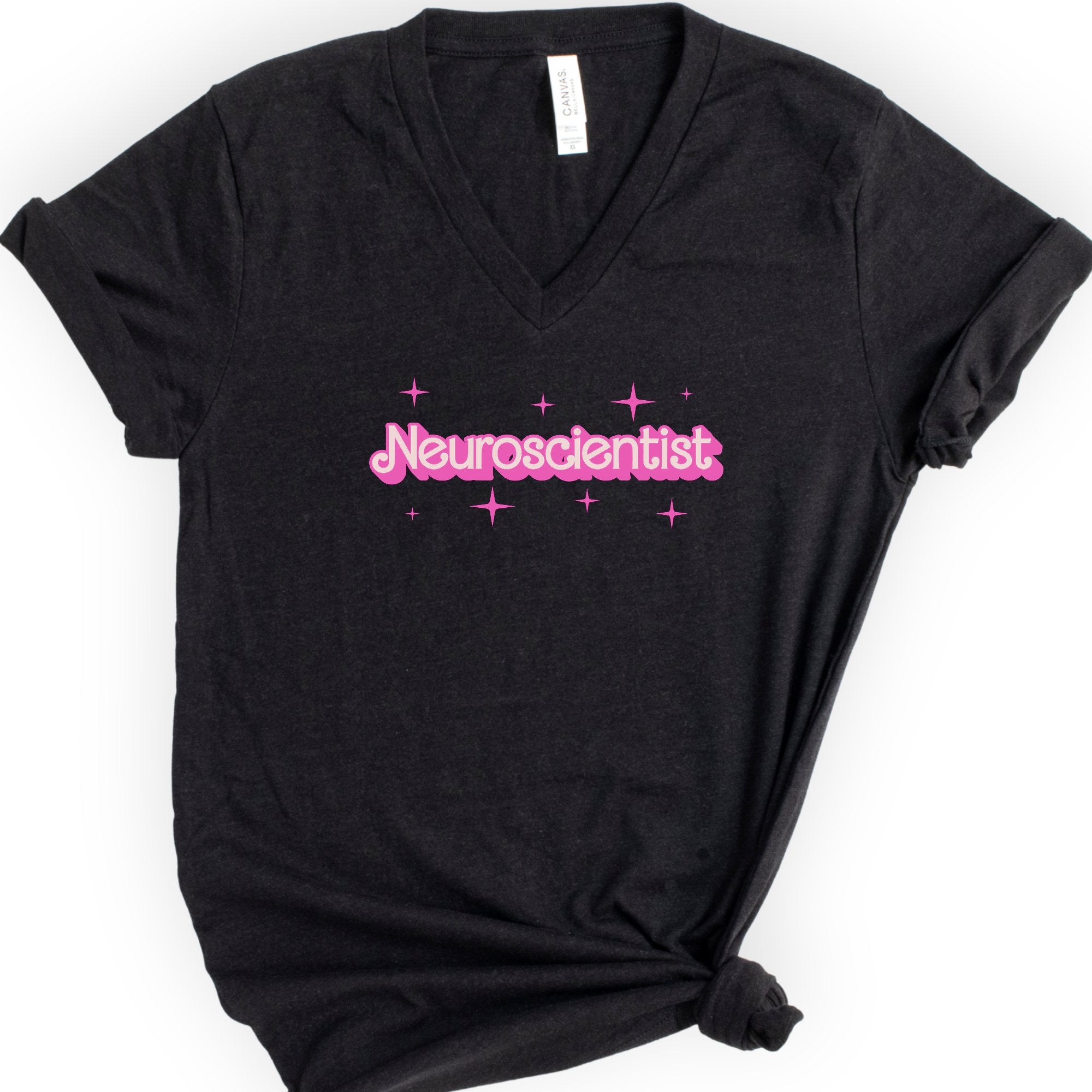 Neuroscientist Pink Doll — Retro Script v-neck t-shirt — Black