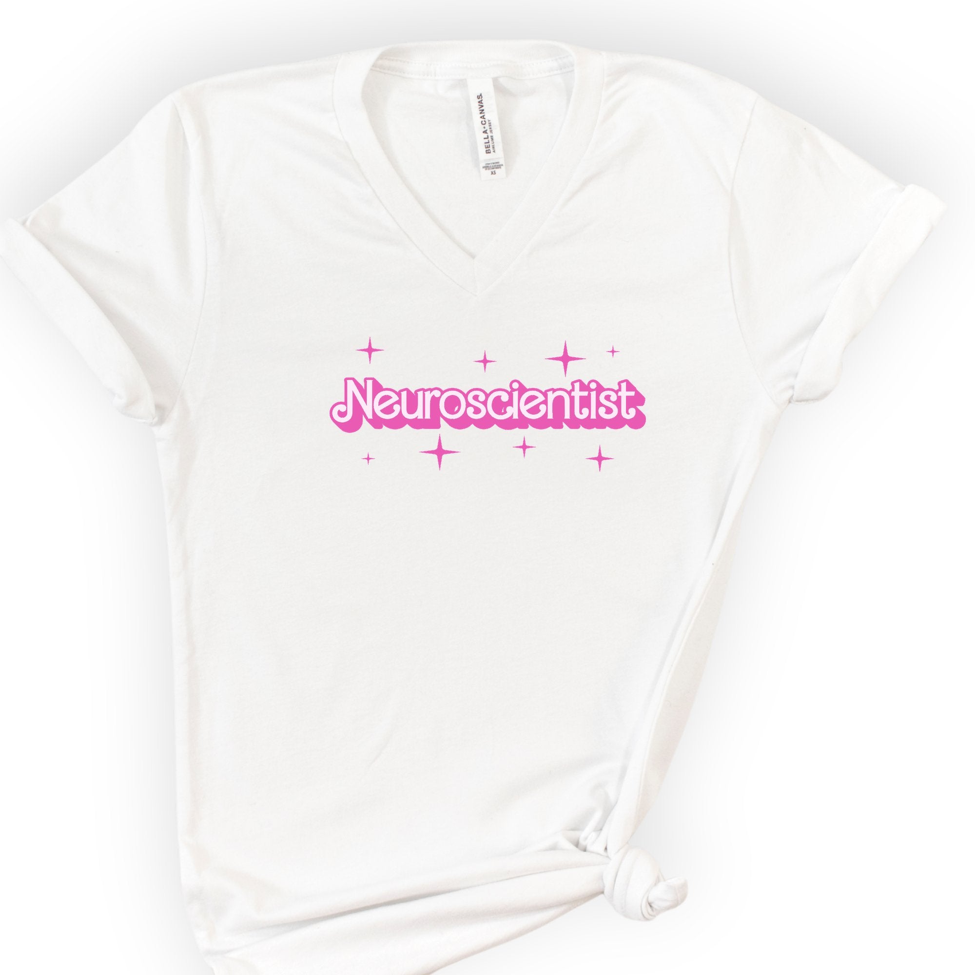 Neuroscientist Pink Doll — Retro Script v-neck t-shirt — White