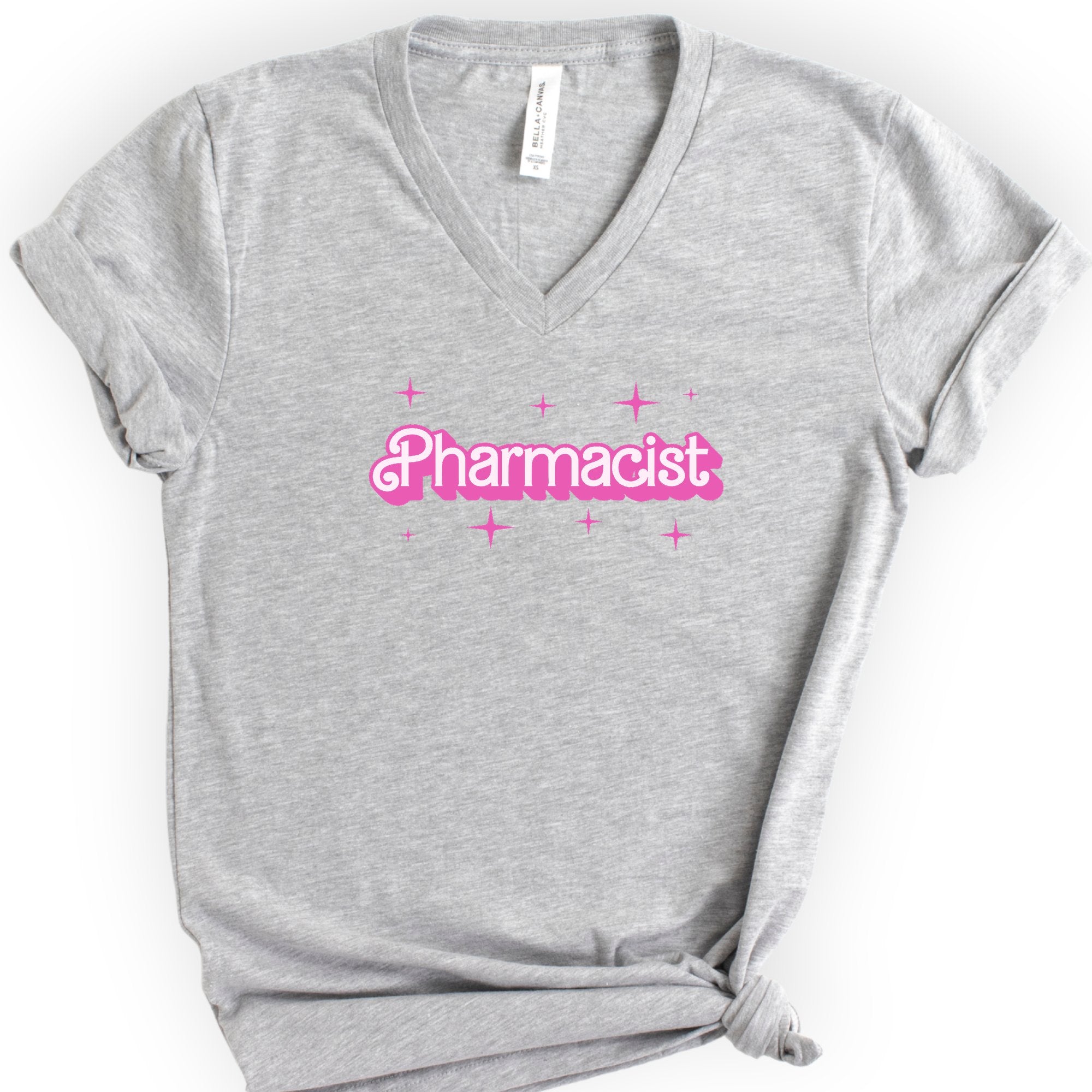 Pharmacist Pink Doll — Retro Script v-neck t-shirt — Athletic Heather