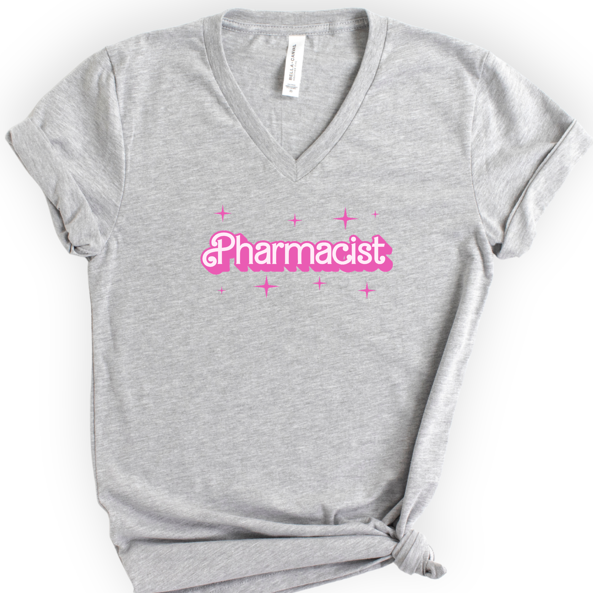 Pharmacist Pink Doll — Retro Script v-neck t-shirt — Athletic Heather