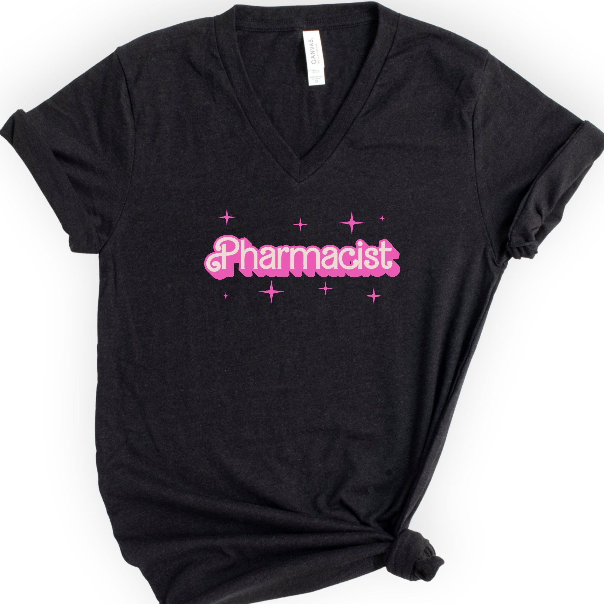 Pharmacist Pink Doll — Retro Script v-neck t-shirt — Black