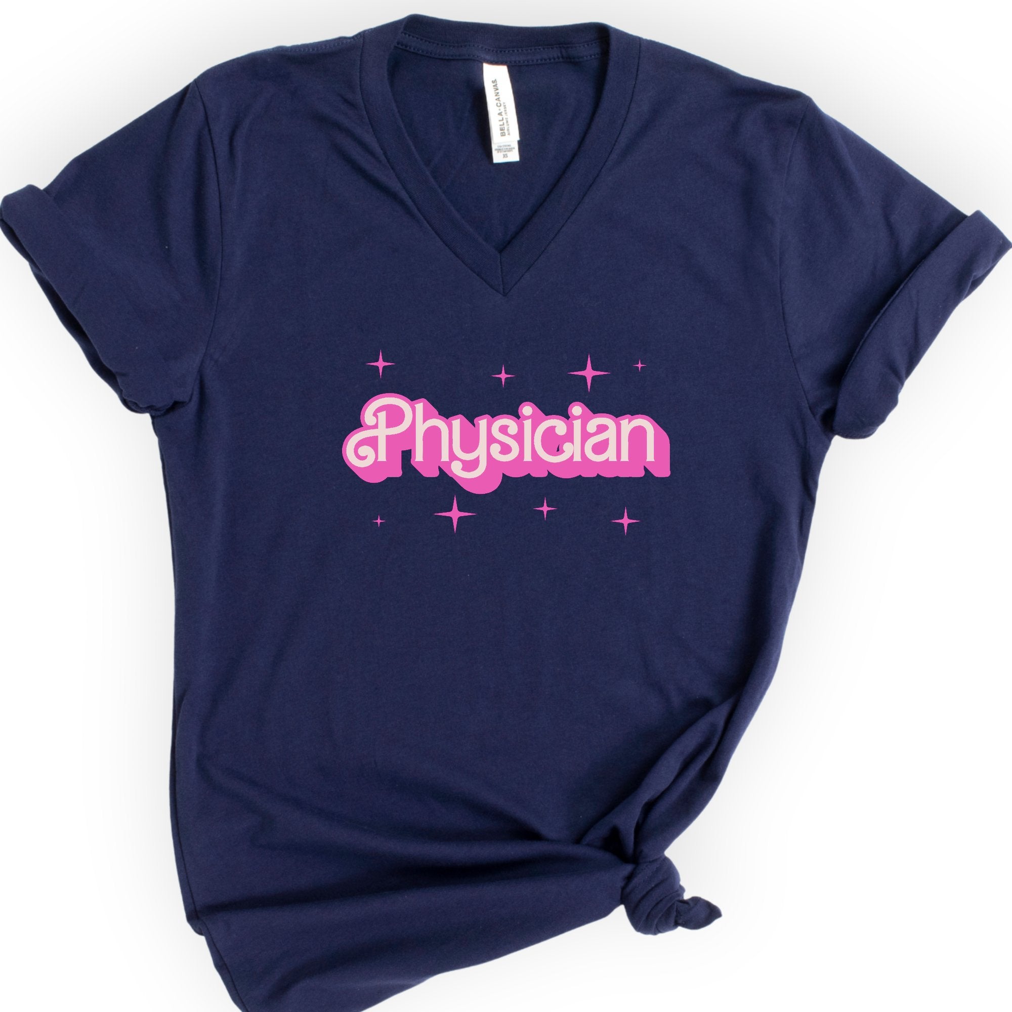 Physician Pink Doll — Retro Script v-neck t-shirt — Navy