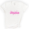 Physician Pink Doll — Retro Script v-neck t-shirt — White