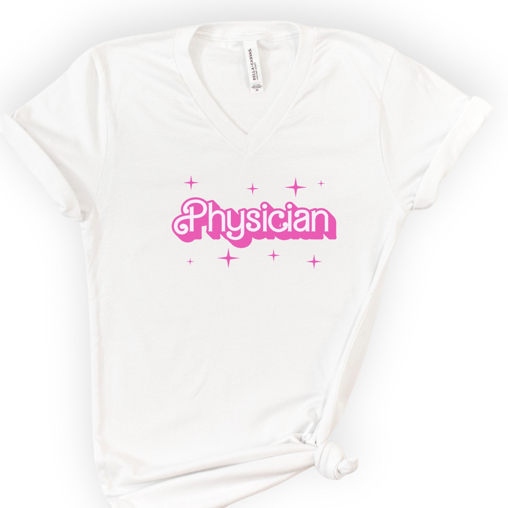 Physician Pink Doll — Retro Script v-neck t-shirt — White