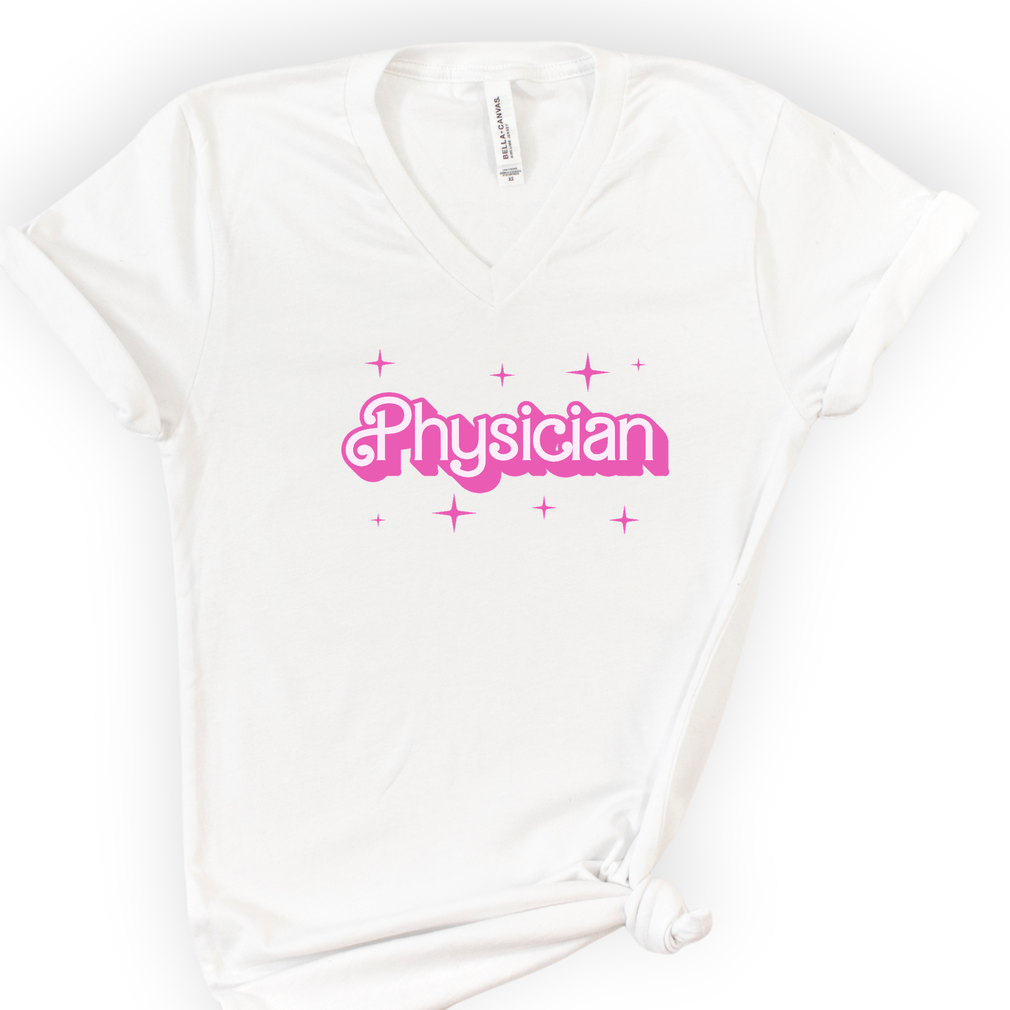 Physician Pink Doll — Retro Script v-neck t-shirt — White