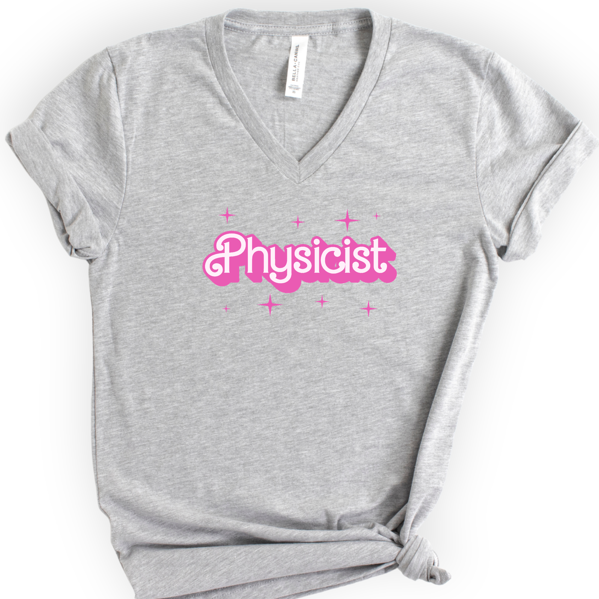 Physicist Pink Doll — Retro Script v-neck t-shirt — Athletic Heather
