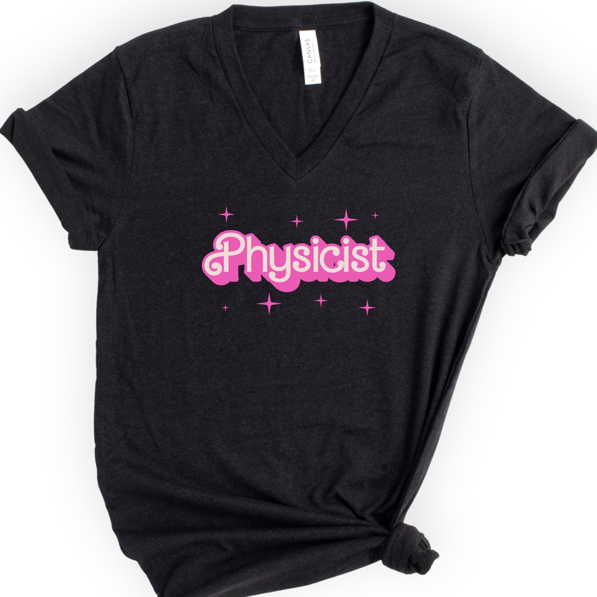 Physicist Pink Doll — Retro Script v-neck t-shirt — Black