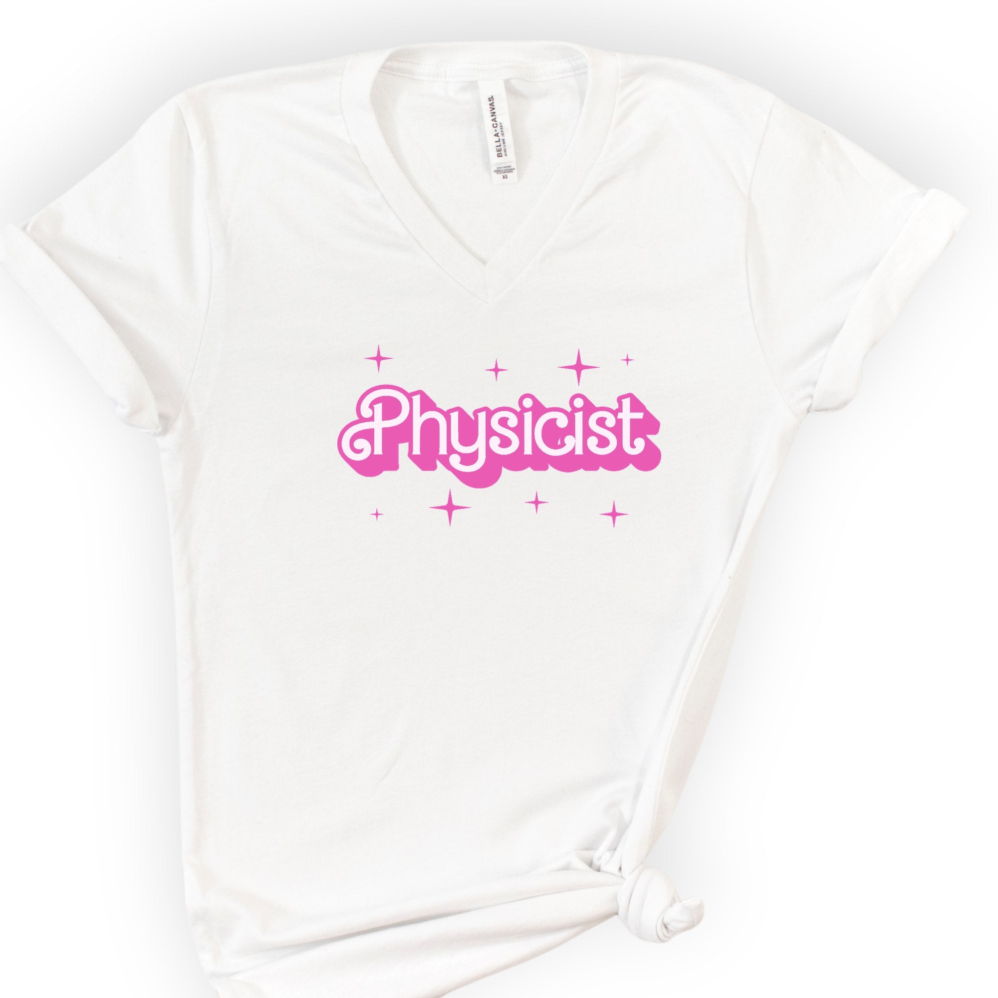 Physicist Pink Doll — Retro Script v-neck t-shirt — White