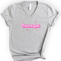 Toxicologist Pink Doll — Retro Script v-neck t-shirt — Athletic Heather