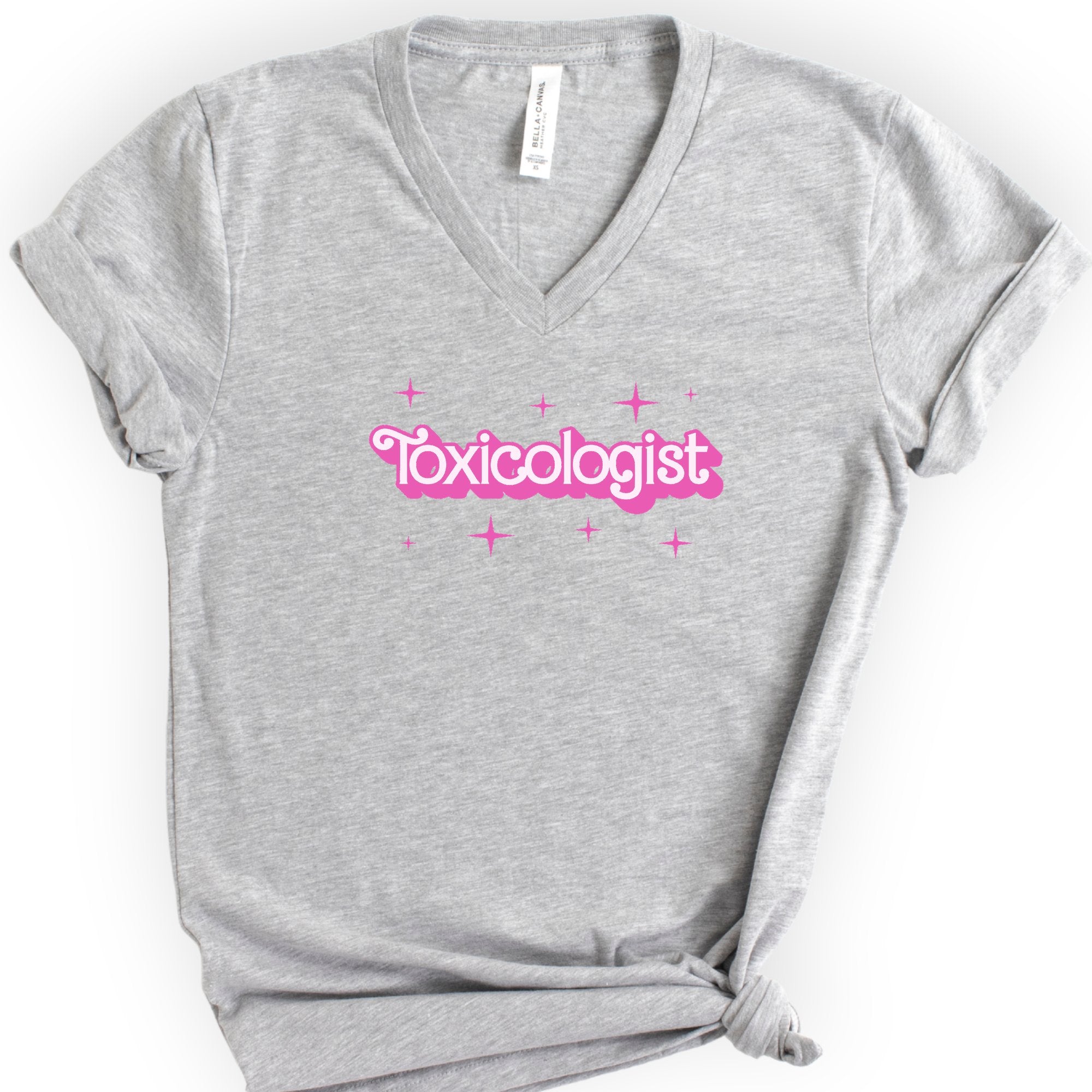 Toxicologist Pink Doll — Retro Script v-neck t-shirt — Athletic Heather
