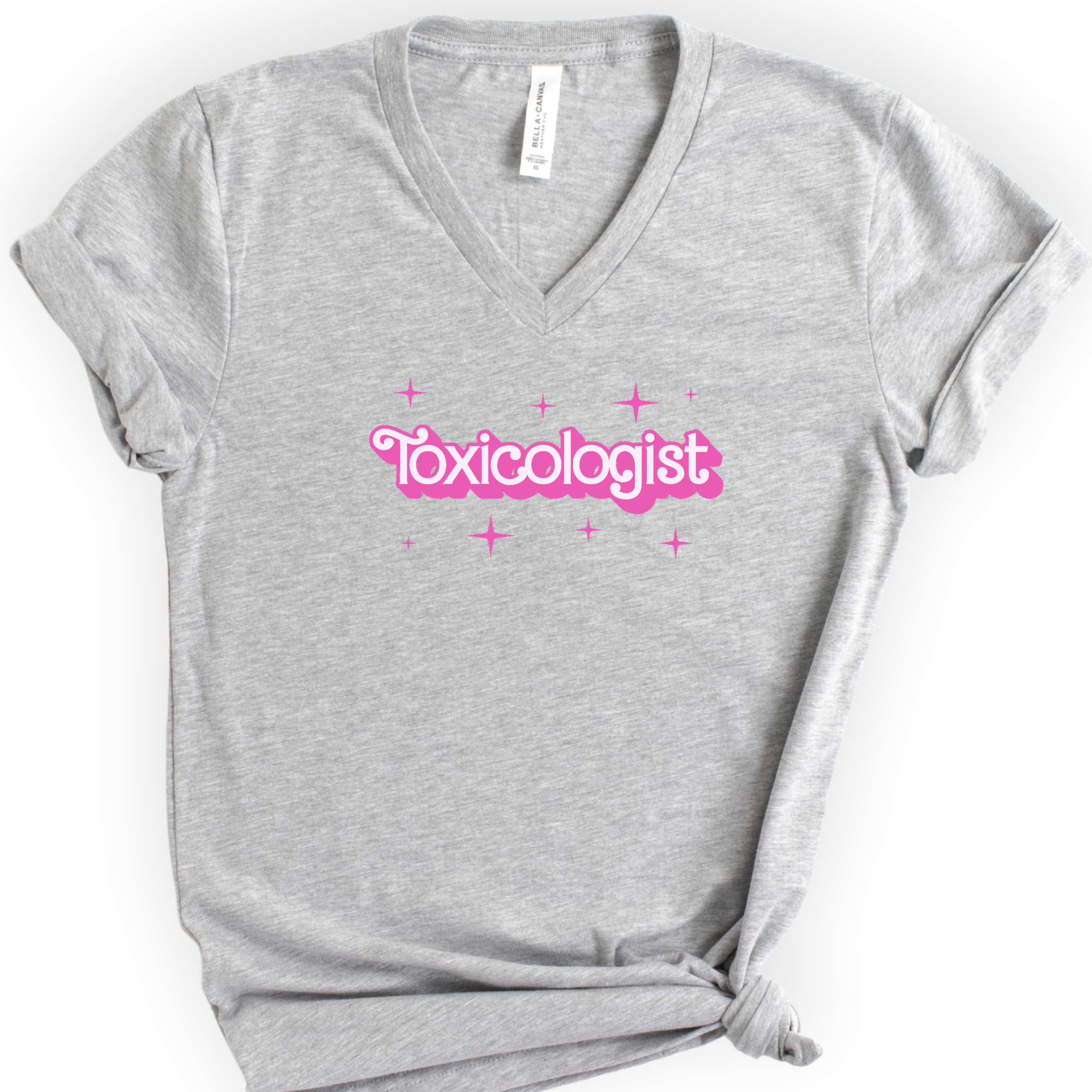 Toxicologist Pink Doll — Retro Script v-neck t-shirt — Athletic Heather