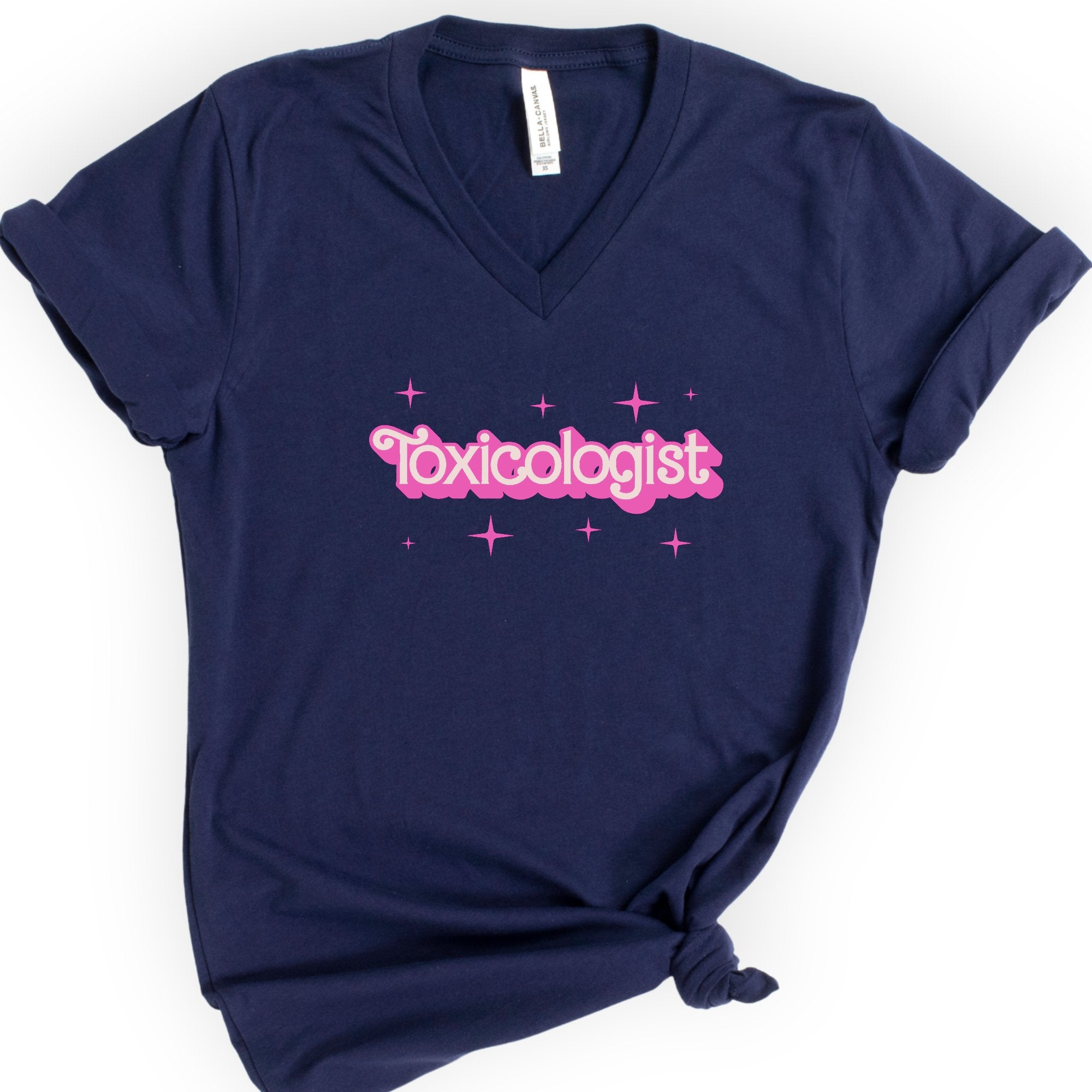 Toxicologist Pink Doll — Retro Script v-neck t-shirt — Navy