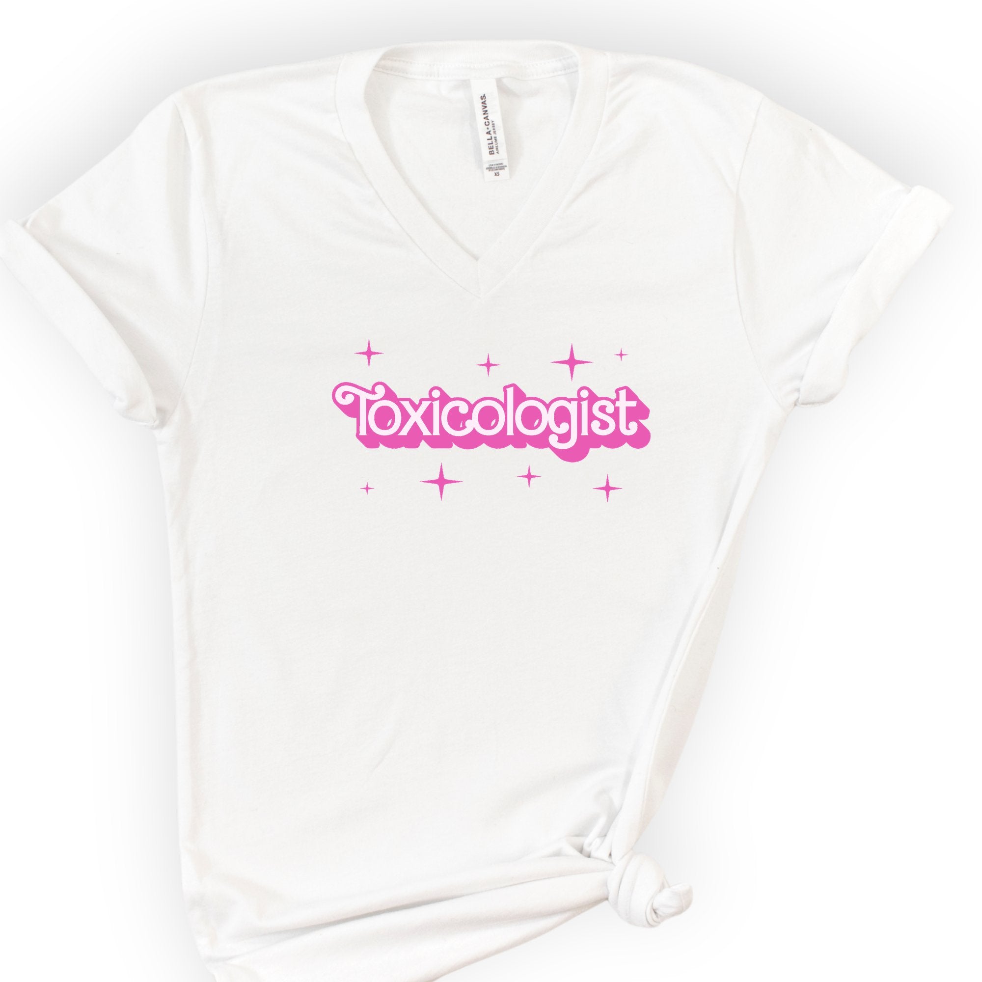 Toxicologist Pink Doll — Retro Script v-neck t-shirt — White
