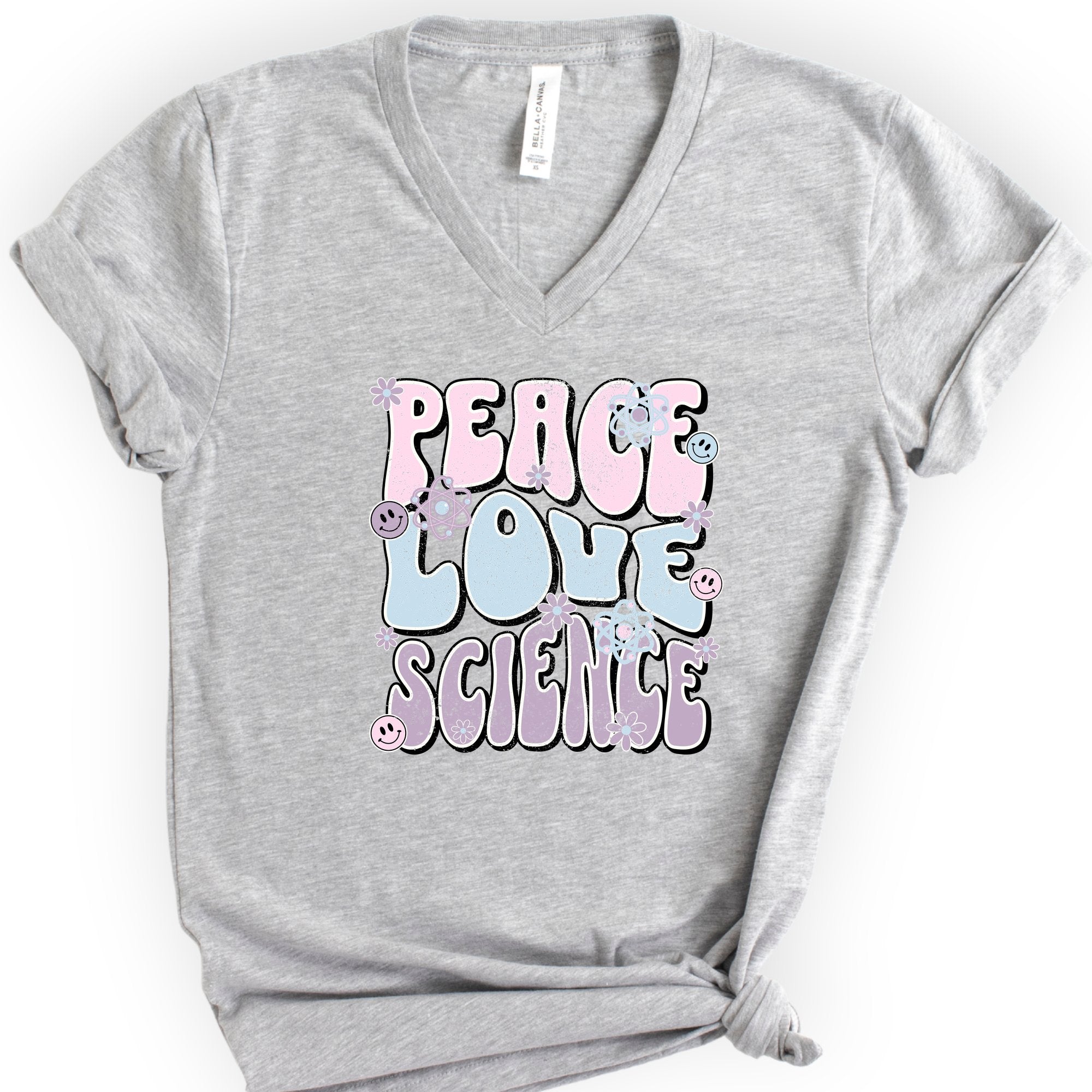Peace Love Science v-neck t-shirt — Athletic Heather