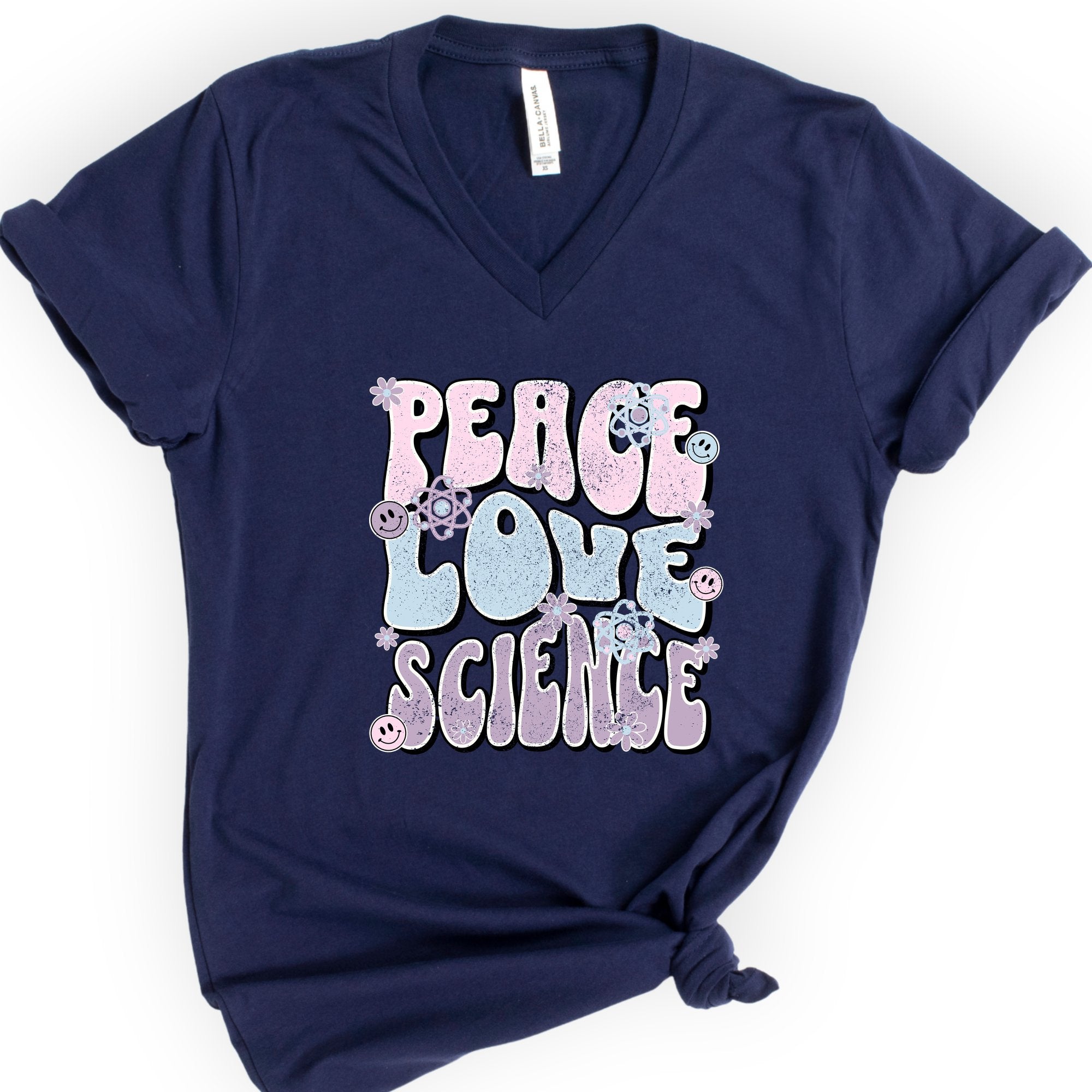 Peace Love Science v-neck t-shirt — Navy