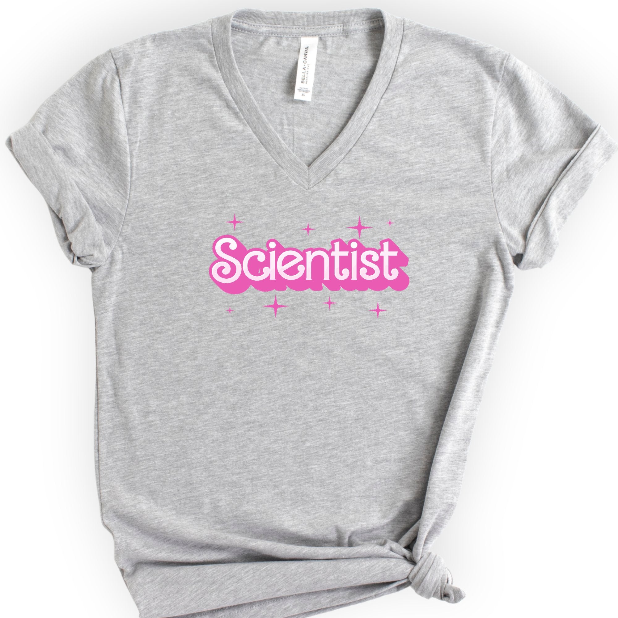 Scientist Pink Doll — Retro Script v-neck t-shirt — Athletic Heather