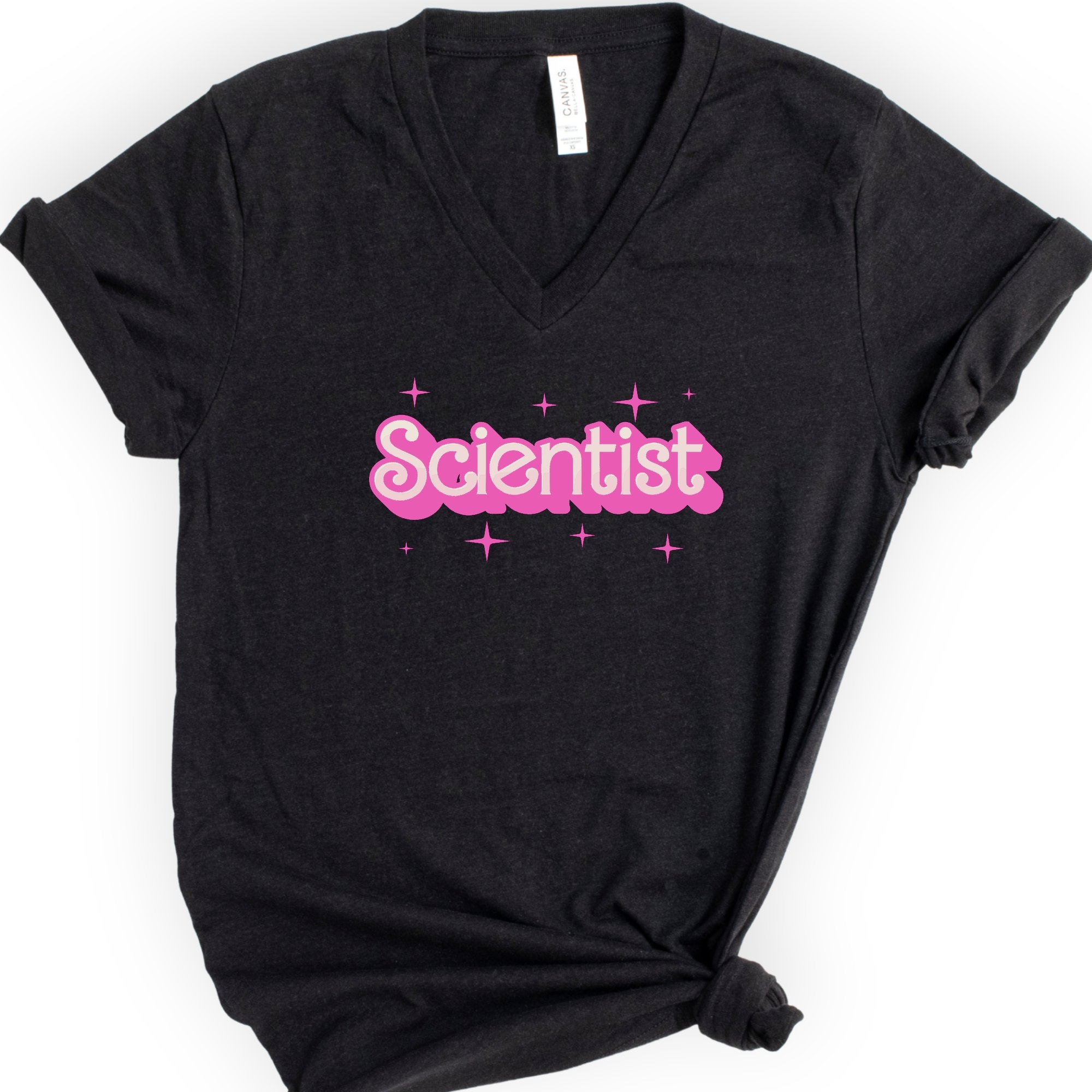 Scientist Pink Doll — Retro Script v-neck t-shirt — Black