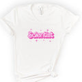 Scientist Pink Doll — Retro Script v-neck t-shirt — White