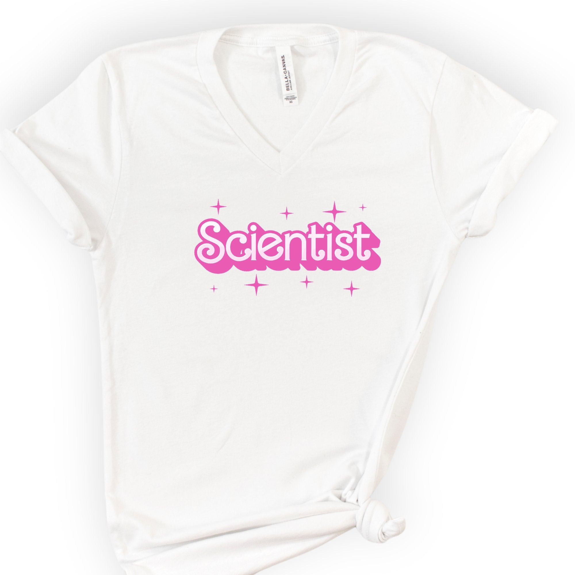 Scientist Pink Doll — Retro Script v-neck t-shirt — White