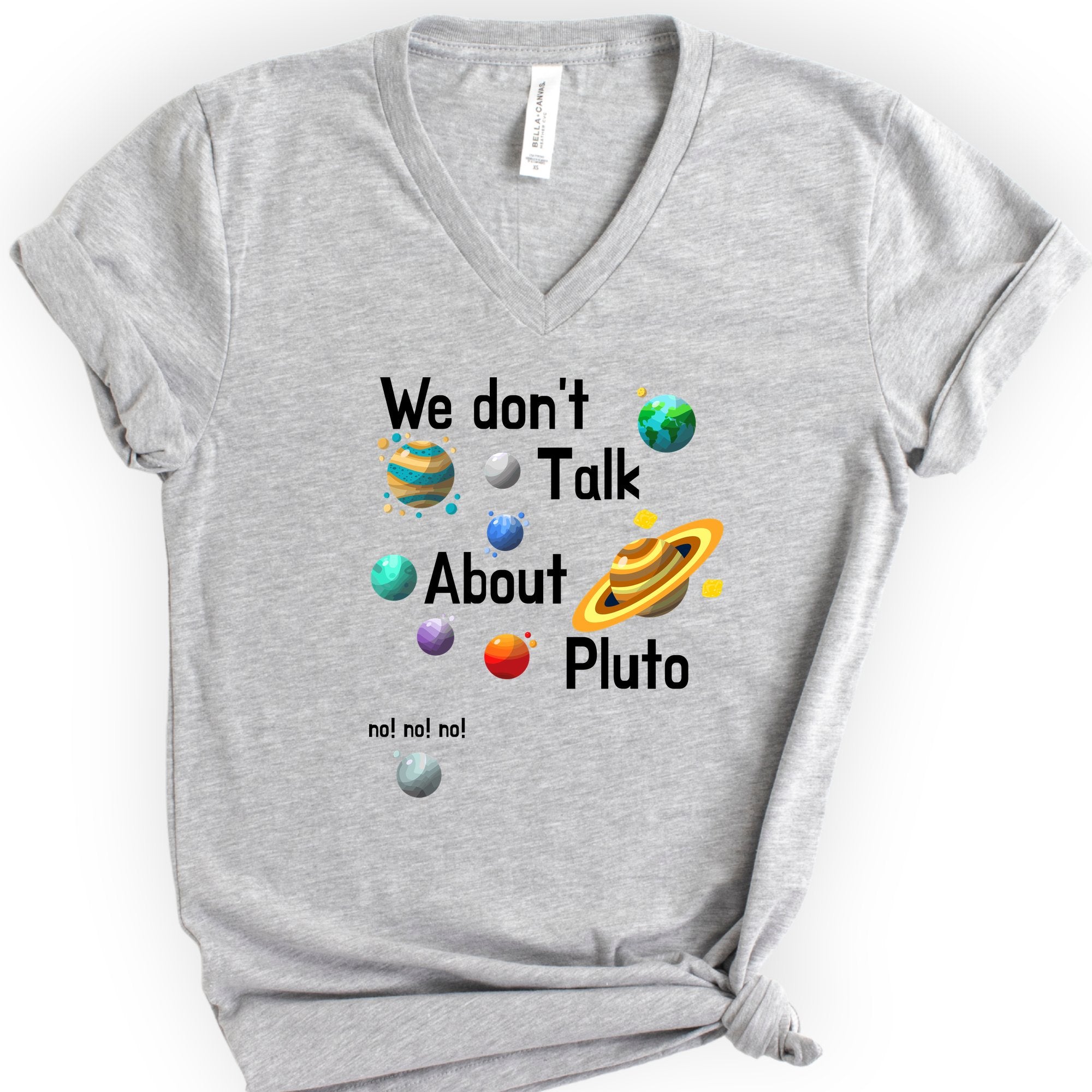 We Don't Talk About Pluto v-neck t-shirt — Athletic Heather