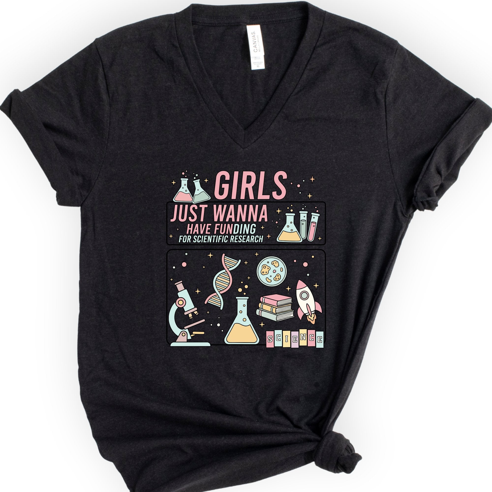 Retro 90s Girls Just Wanna Have Funding v-neck t-shirt — Black