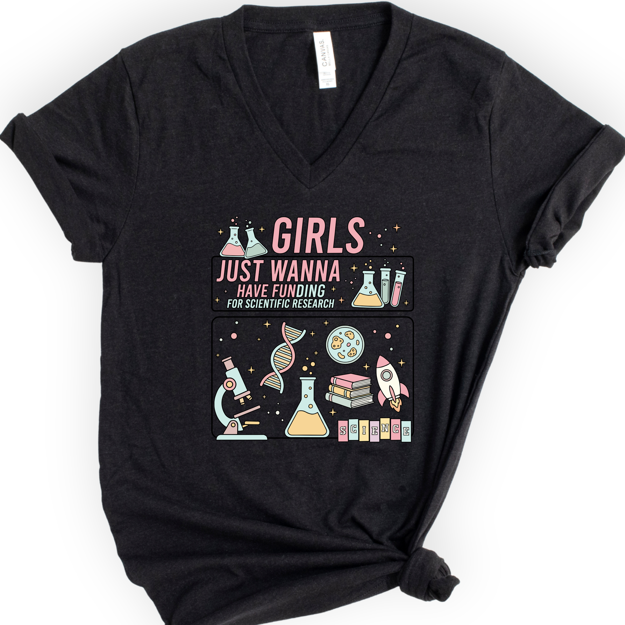 Retro 90s Girls Just Wanna Have Funding v-neck t-shirt — Black
