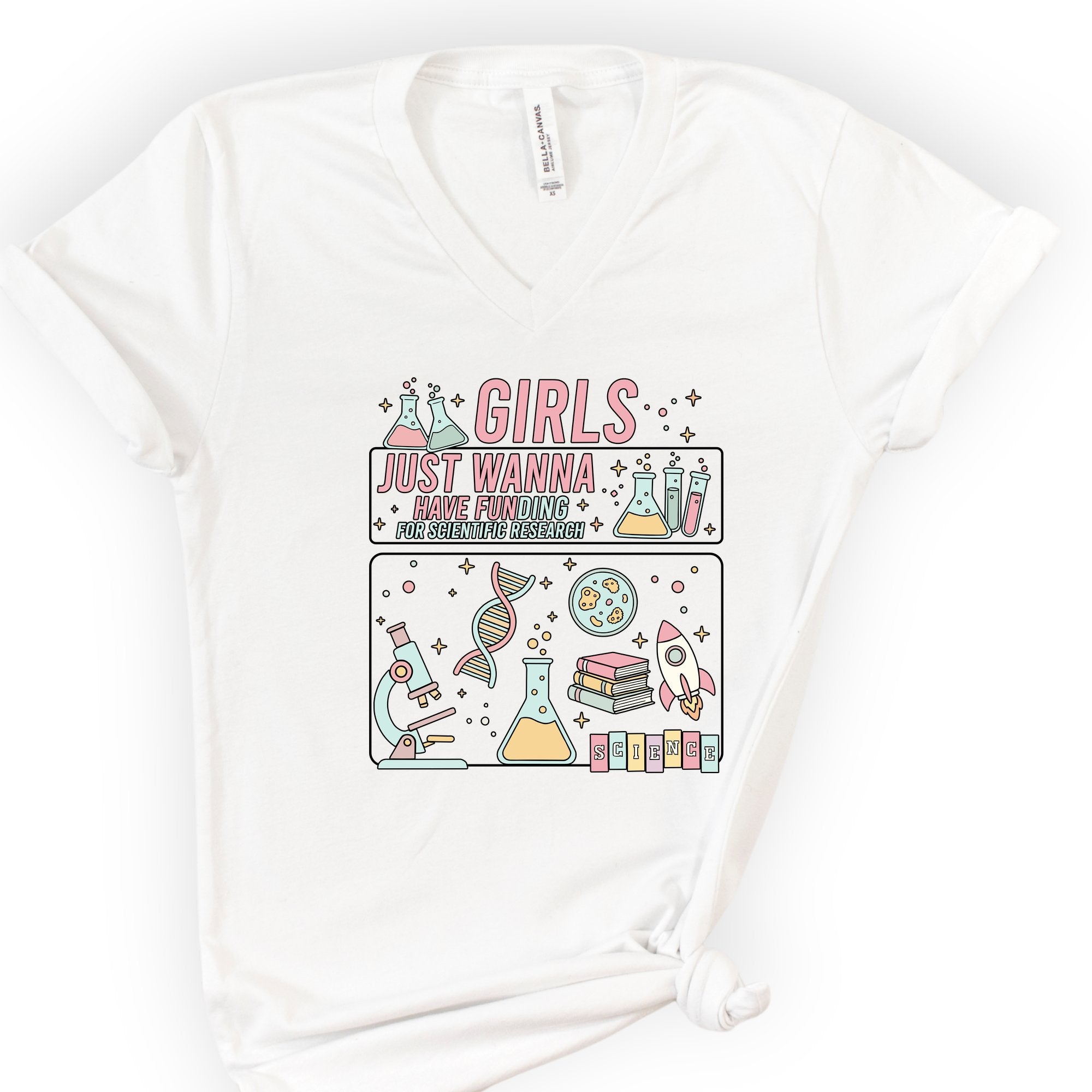 Retro 90s Girls Just Wanna Have Funding v-neck t-shirt — White