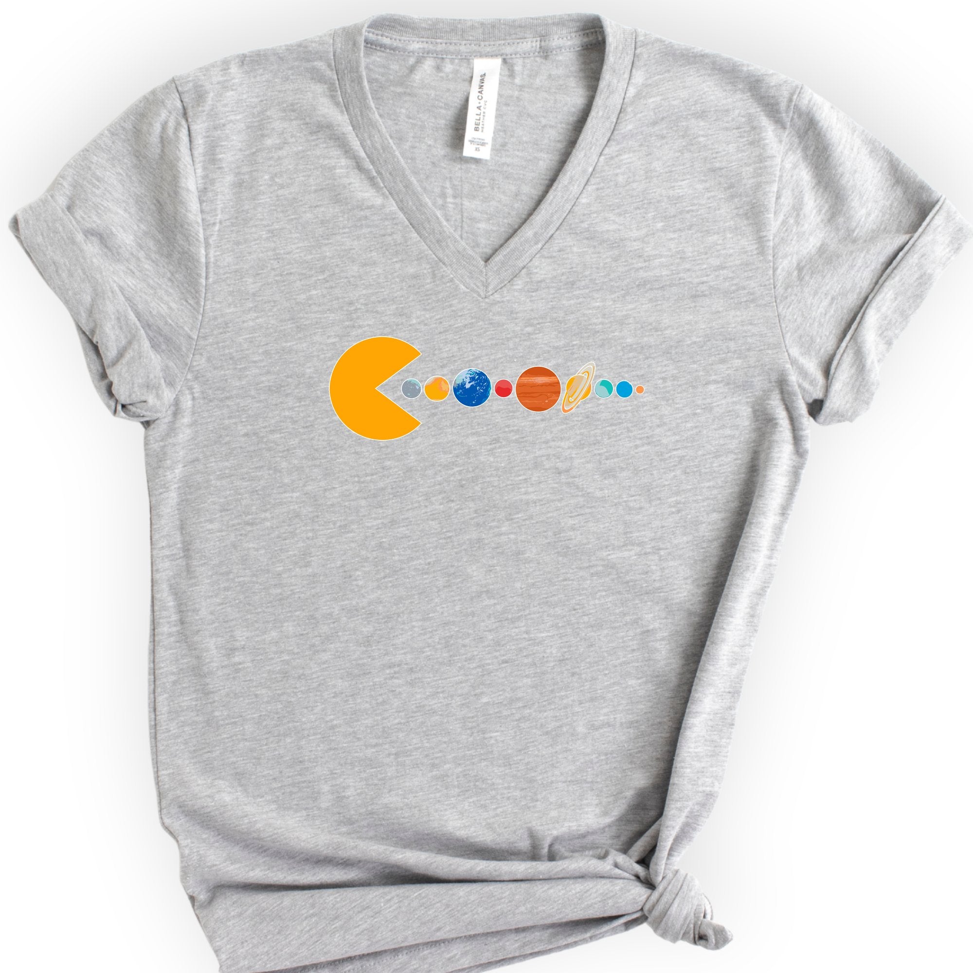 Solar System Pac Man v-neck t-shirt — Athletic Heather