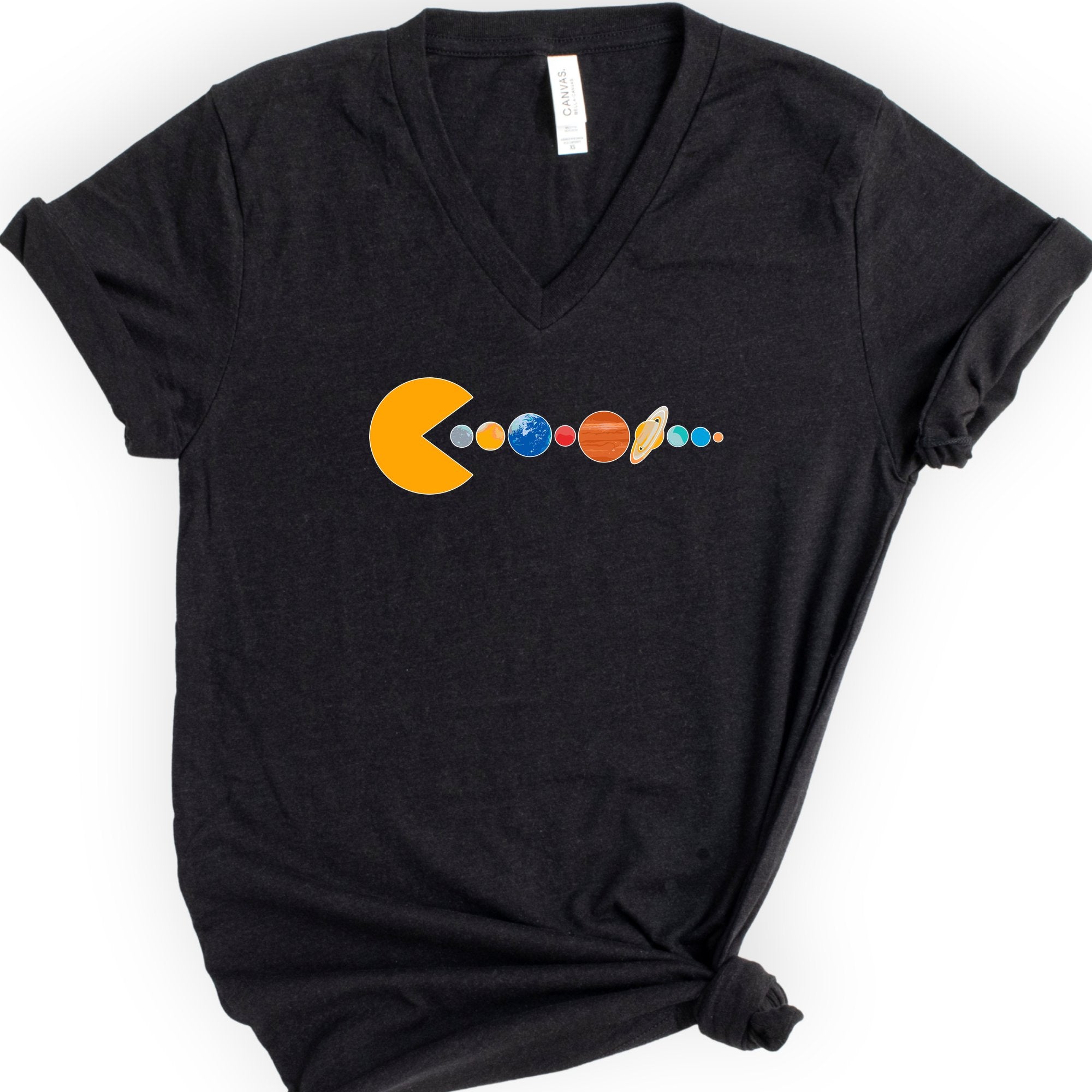 Solar System Pac Man v-neck t-shirt — Black