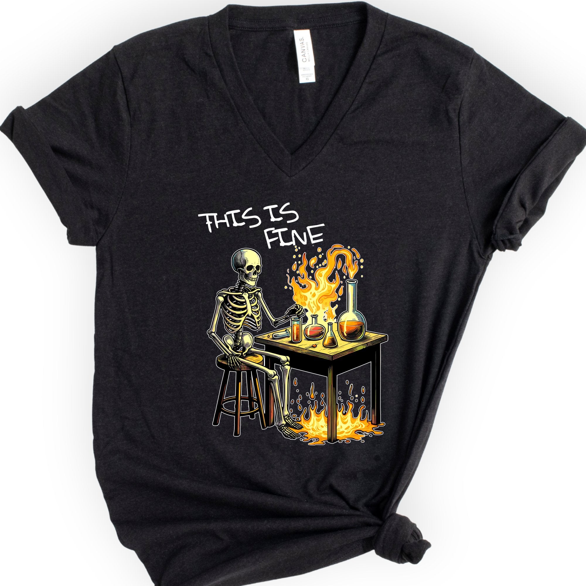 This Is Fine v-neck t-shirt — Black