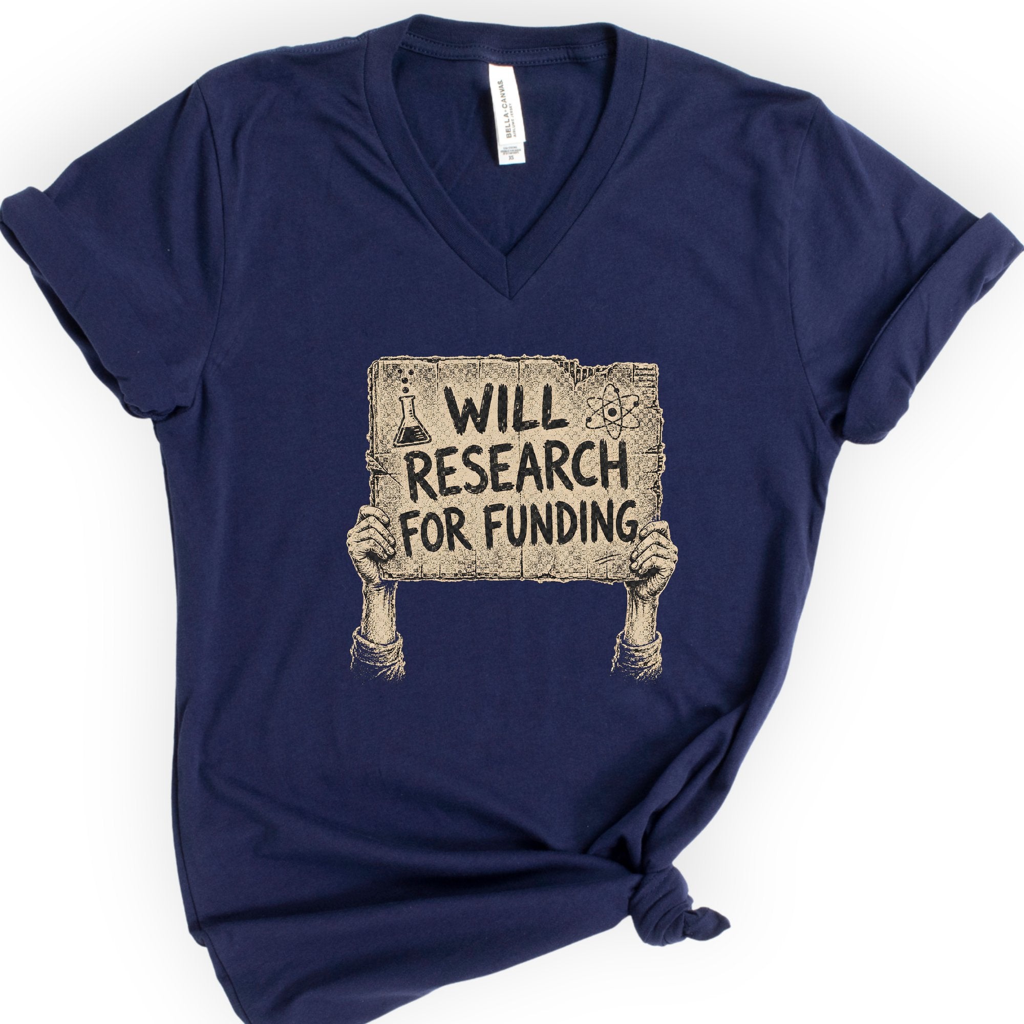 Will Research For Funding v-neck t-shirt — Navy