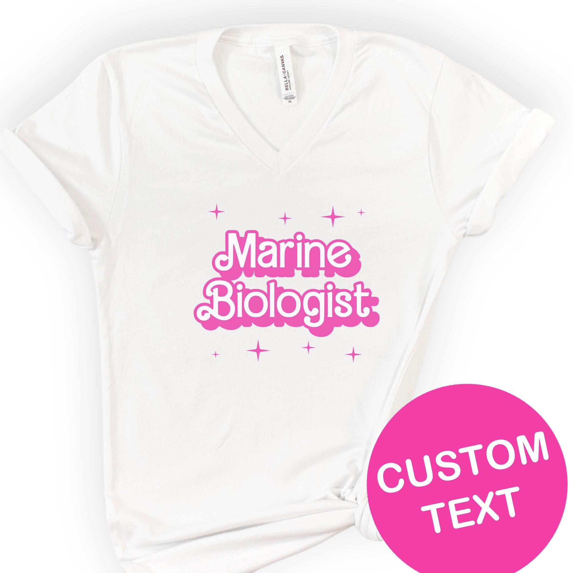 Custom Profession Pink Doll V-Neck T-shirt — Retro Script — White